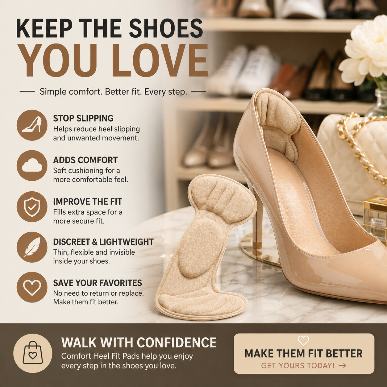 Comfort heel fit pads for favorite shoes