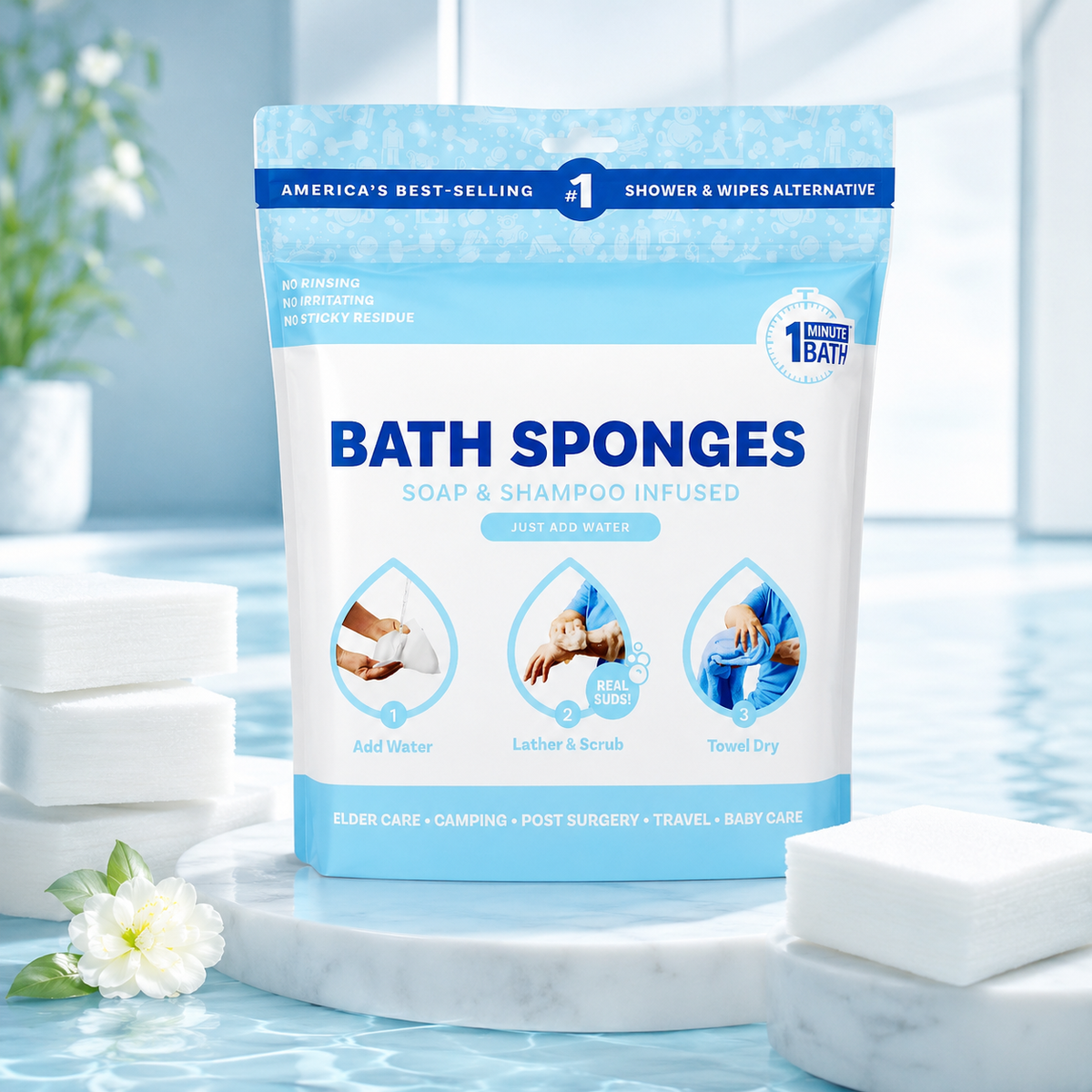 ⏳ Last Day 50% OFF | 🫧 25-Pack Rinse-Free Bathing Sponges – Feel Fresh Without a Shower!