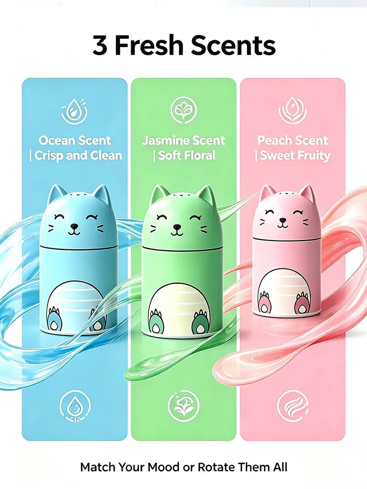 Toilet cleaner bottle set (featuring Ocean, Jasmine, Peach, Lemon, and Strawberry scents; tri-color design) with powerful cleaning tablets; suitable for indoor home use.