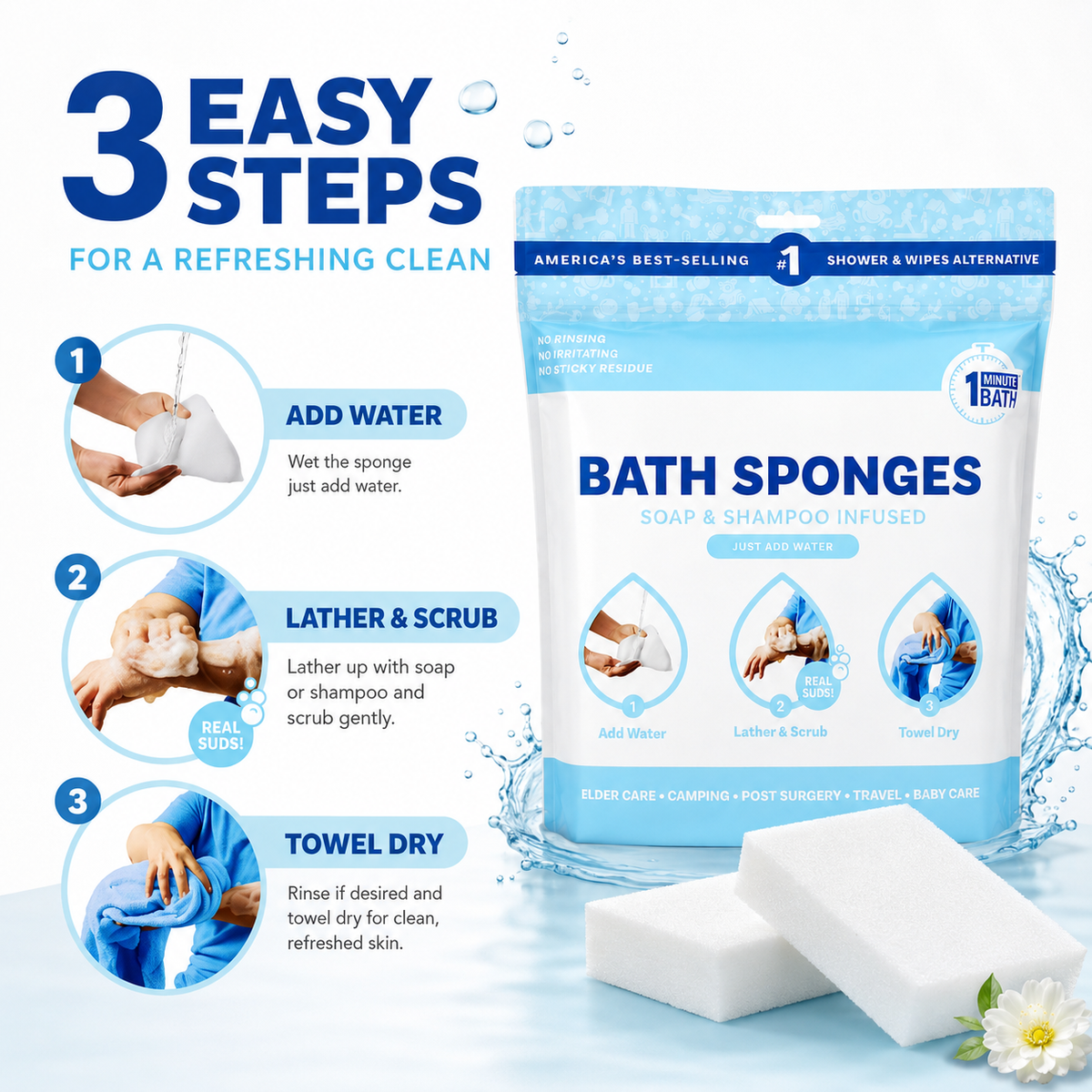 ⏳ Last Day 50% OFF | 🫧 25-Pack Rinse-Free Bathing Sponges – Feel Fresh Without a Shower!