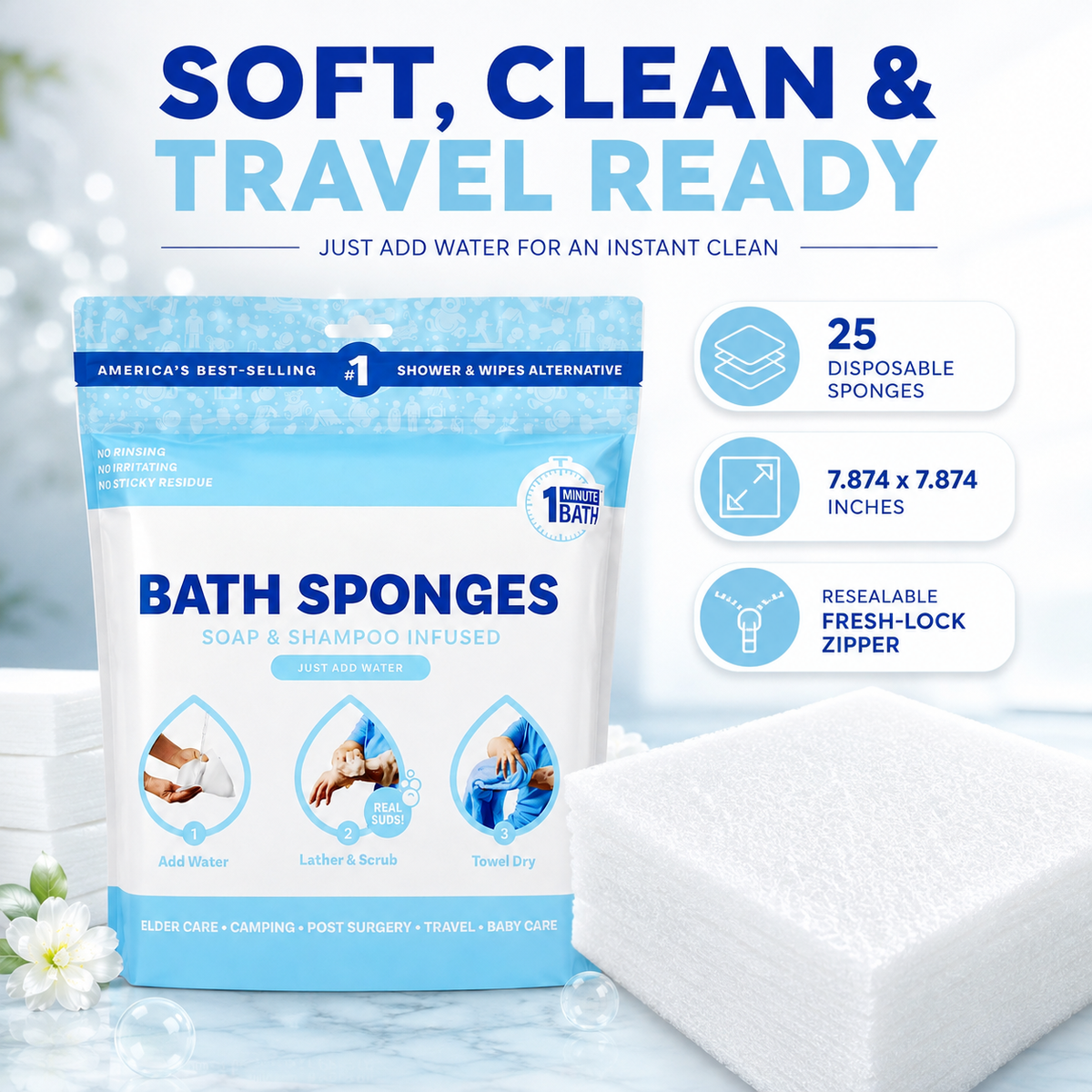 ⏳ Last Day 50% OFF | 🫧 25-Pack Rinse-Free Bathing Sponges – Feel Fresh Without a Shower!