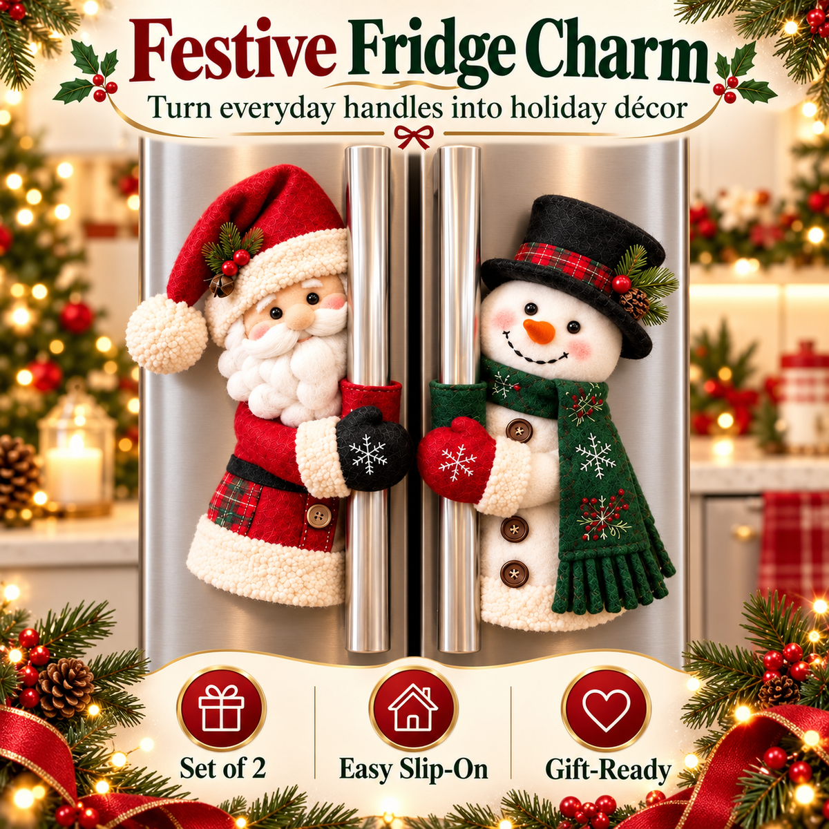 🎉Christmas Santa & Snowman Handle Huggers – Set of 2, Holiday Kitchen Decor