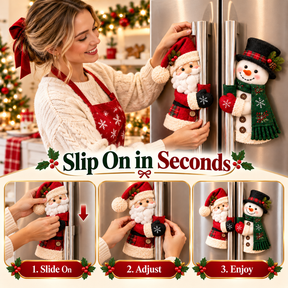 🎉Christmas Santa & Snowman Handle Huggers – Set of 2, Holiday Kitchen Decor