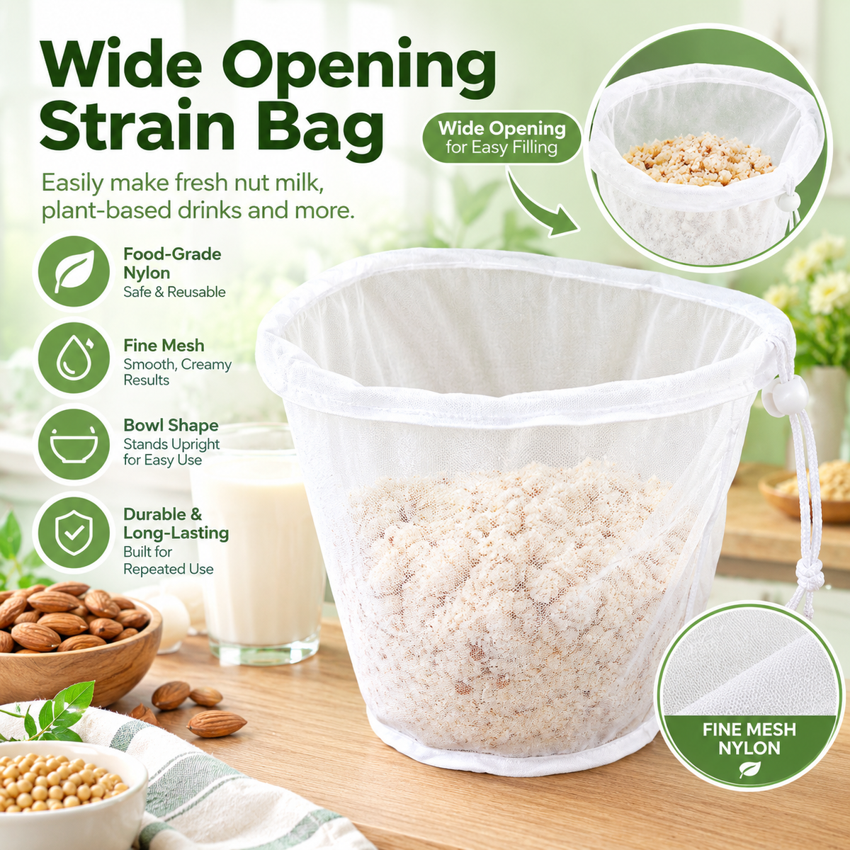 🚨 Last Day 50% OFF | 🥛 Bowl-Shaped Nylon Nut Milk Bag – Reusable & Easy-to-Use Strainer