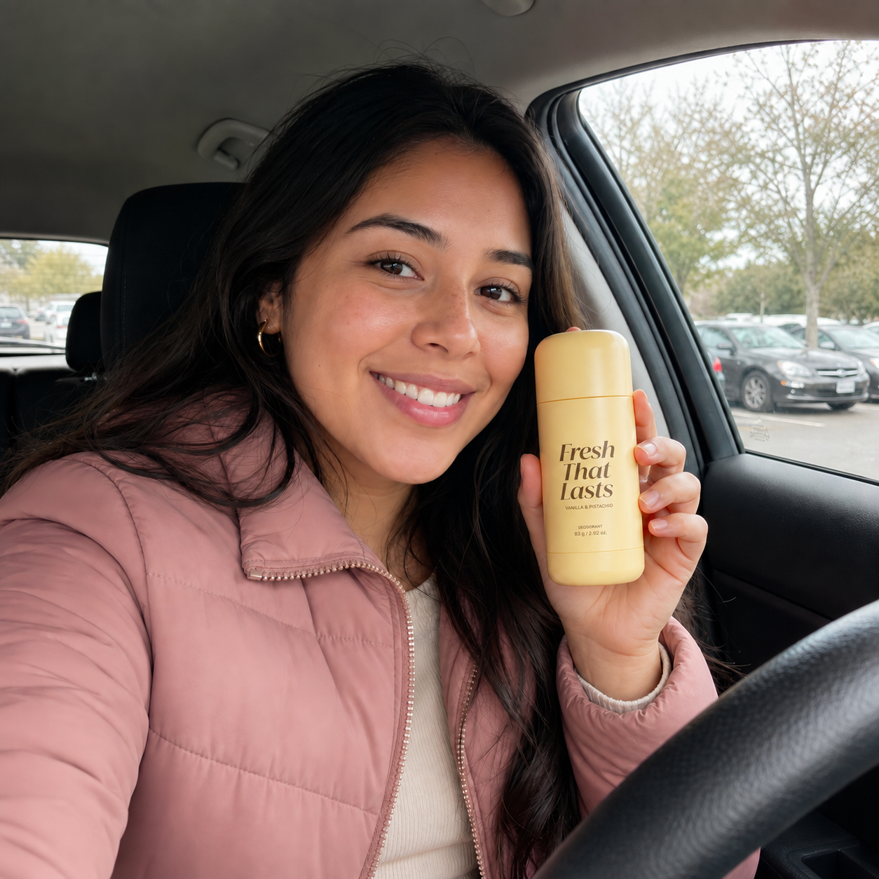 Customer testimonial holding Fresh That Lasts deodorant in a car