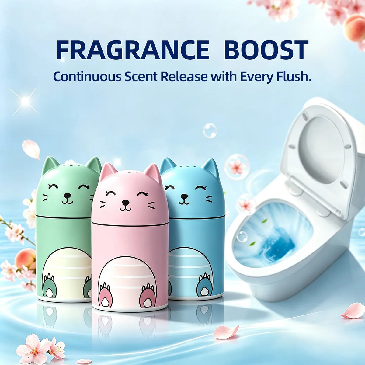 Toilet cleaner bottle set (featuring Ocean, Jasmine, Peach, Lemon, and Strawberry scents; tri-color design) with powerful cleaning tablets; suitable for indoor home use.