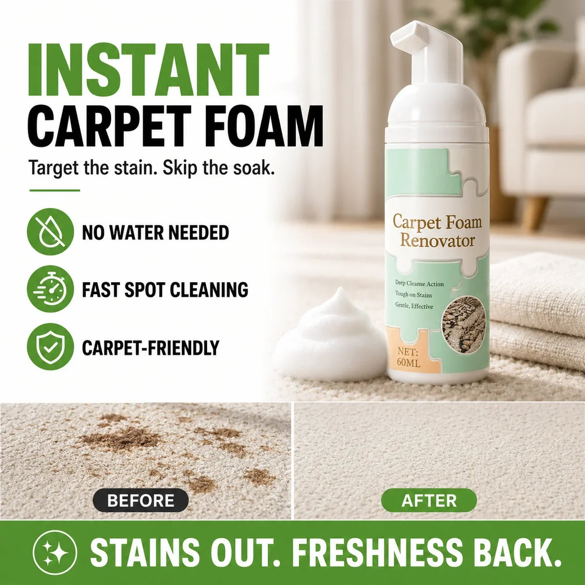 🔥 TODAY’S SPECIAL OFFER |✨Fast-Acting Waterless Carpet Foam Stain Remover – Deep Clean in Minutes🥰