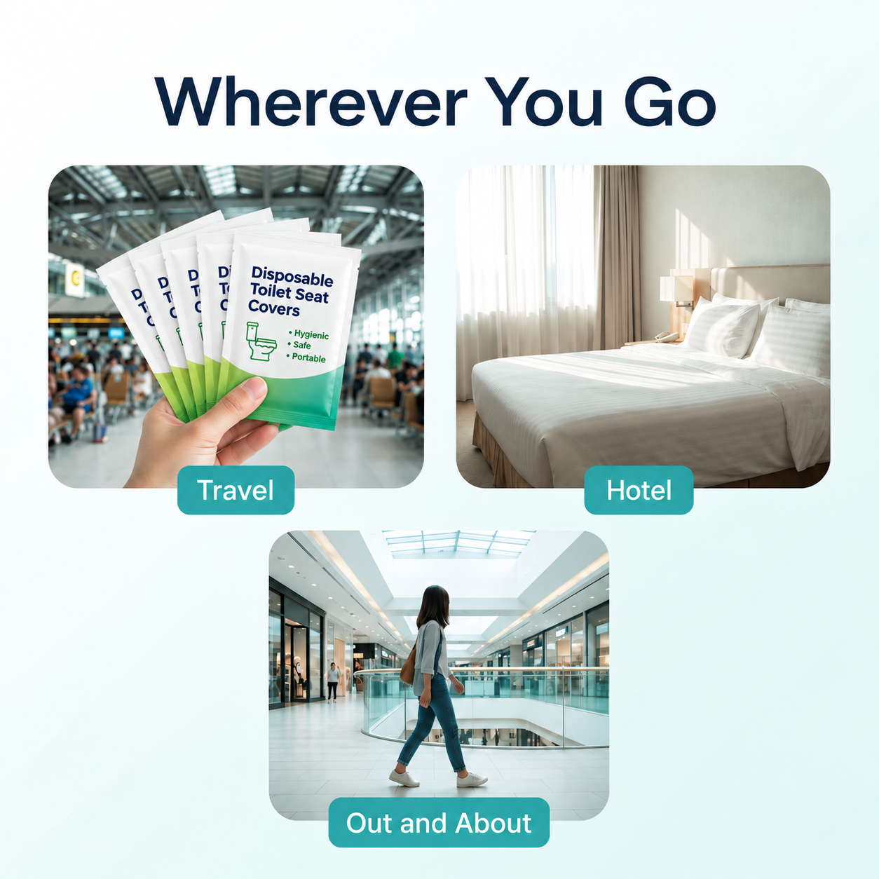 Portable toilet seat covers for travel and public restrooms